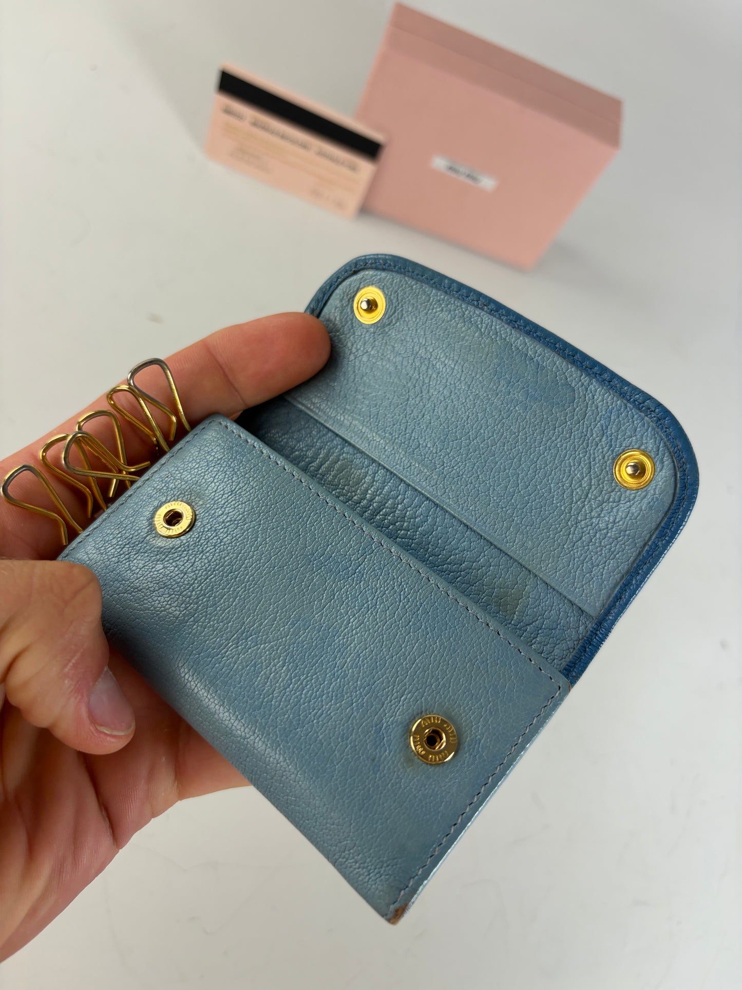 Vintage Miu Miu Leather Key Ring Holder Light Blue Navy Gold