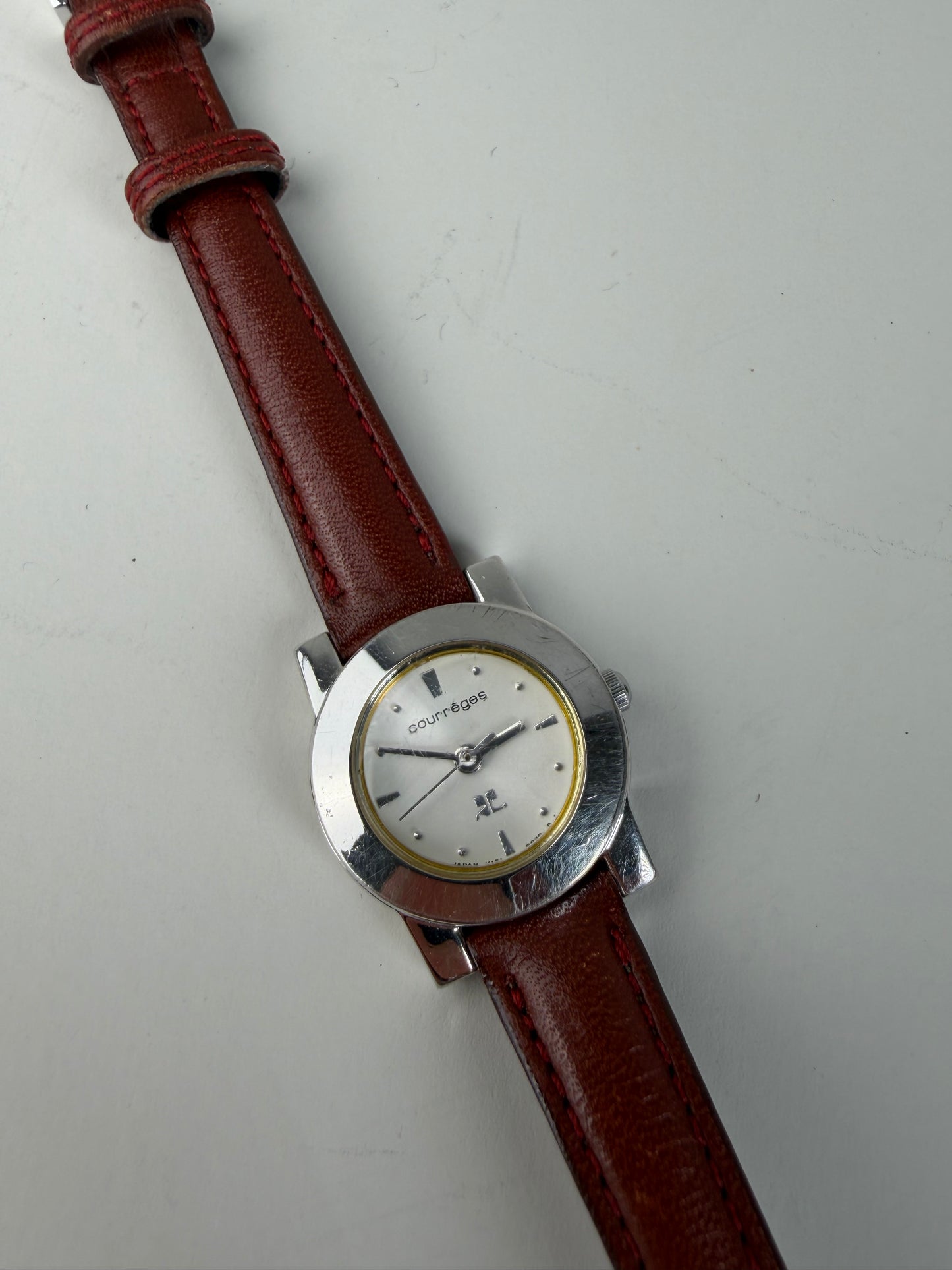 Vintage Courreges Leather Strap Watch Red Grey Silver