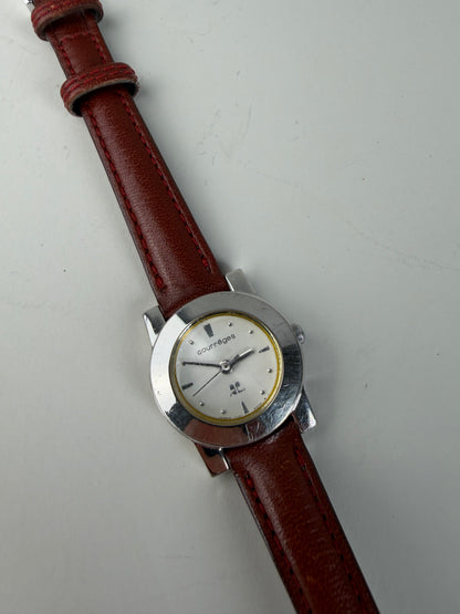 Vintage Courreges Leather Strap Watch Red Grey Silver