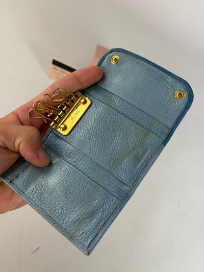 Vintage Miu Miu Leather Key Ring Holder Light Blue Navy Gold
