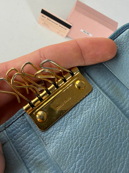Vintage Miu Miu Leather Key Ring Holder Light Blue Navy Gold