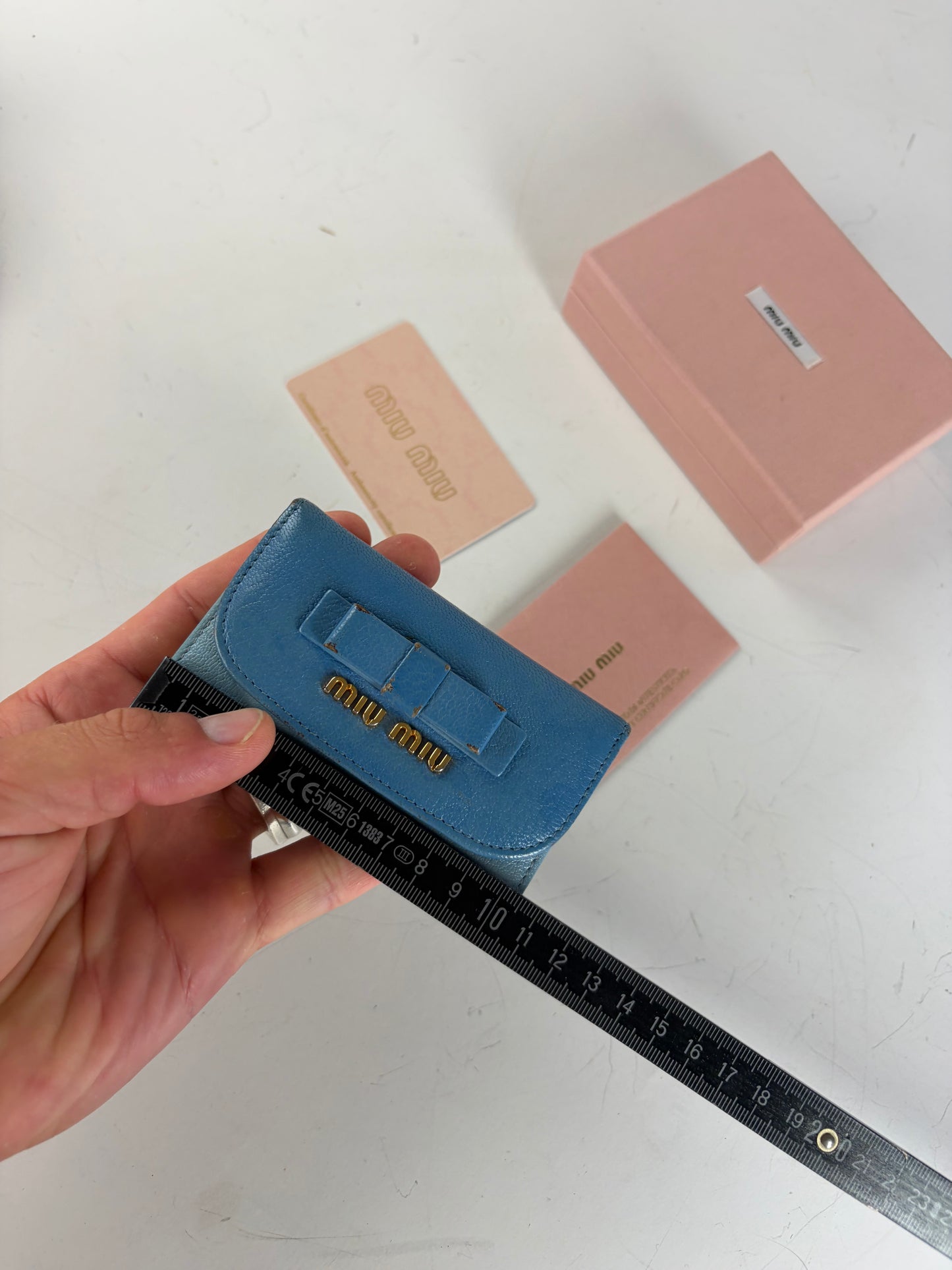 Vintage Miu Miu Leather Key Ring Holder Light Blue Navy Gold
