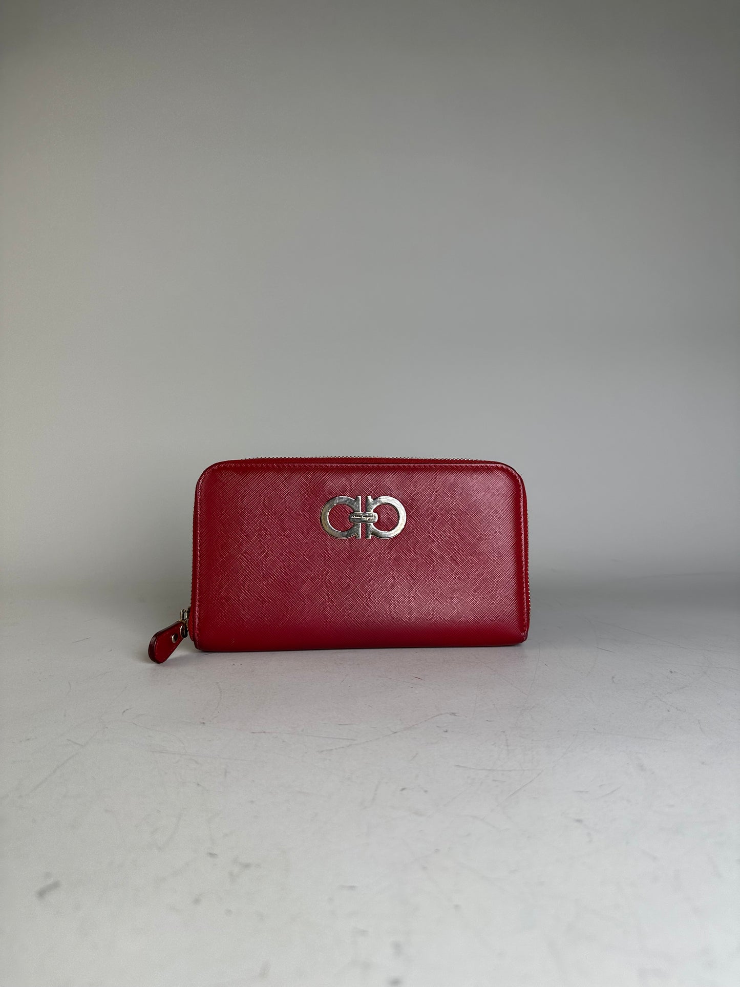 Vintage Ferragamo Leather Zip Wallet Red Silver