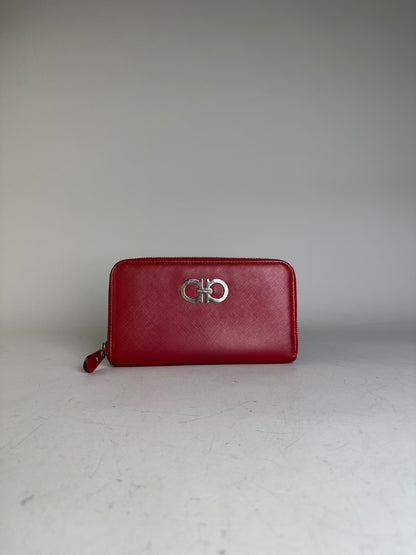 Vintage Ferragamo Leather Zip Wallet Red Silver
