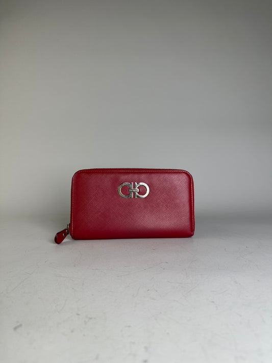Vintage Ferragamo Leather Zip Wallet Red Silver