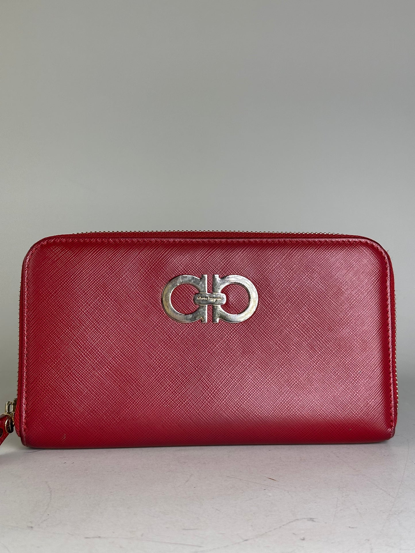 Vintage Ferragamo Leather Zip Wallet Red Silver