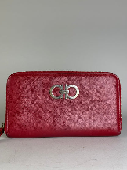 Vintage Ferragamo Leather Zip Wallet Red Silver