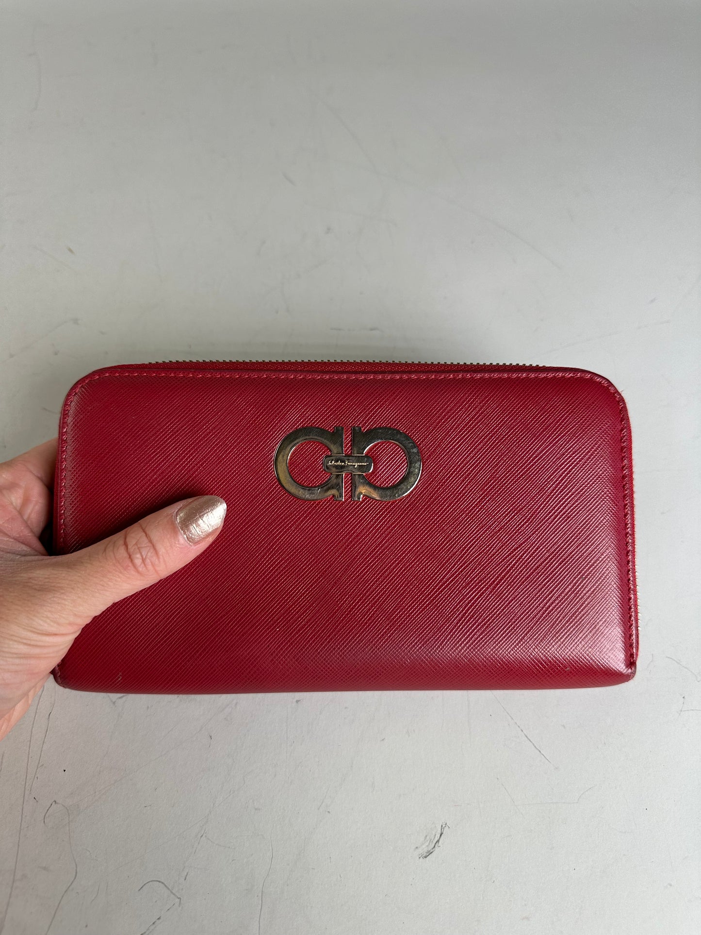 Vintage Ferragamo Leather Zip Wallet Red Silver