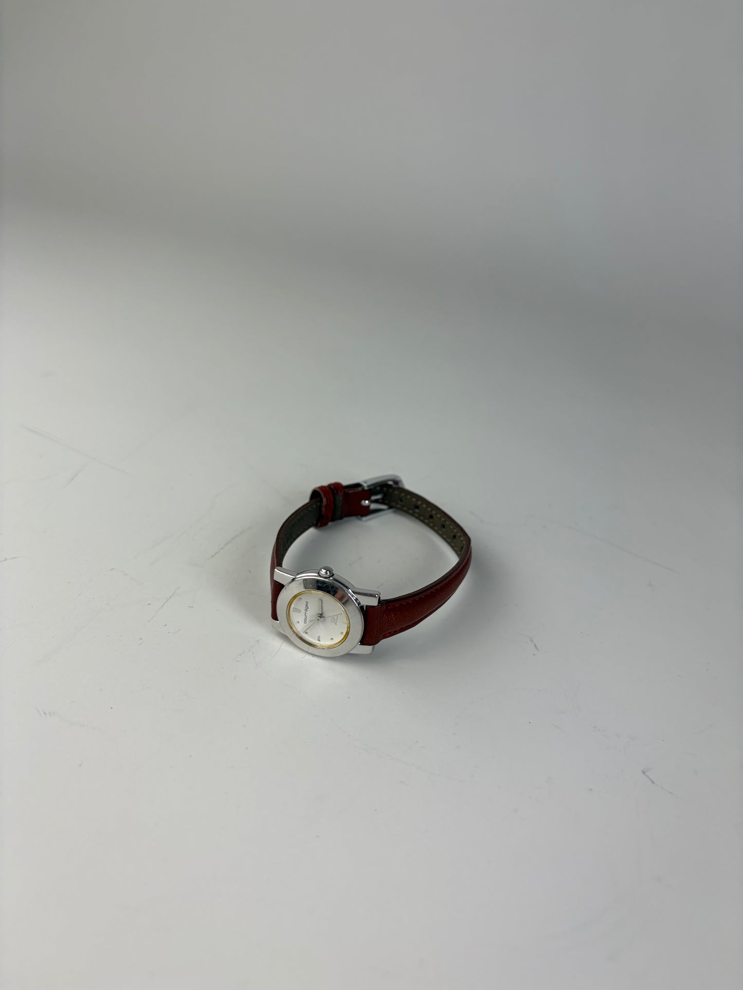 Vintage Courreges Leather Strap Watch Red Grey Silver