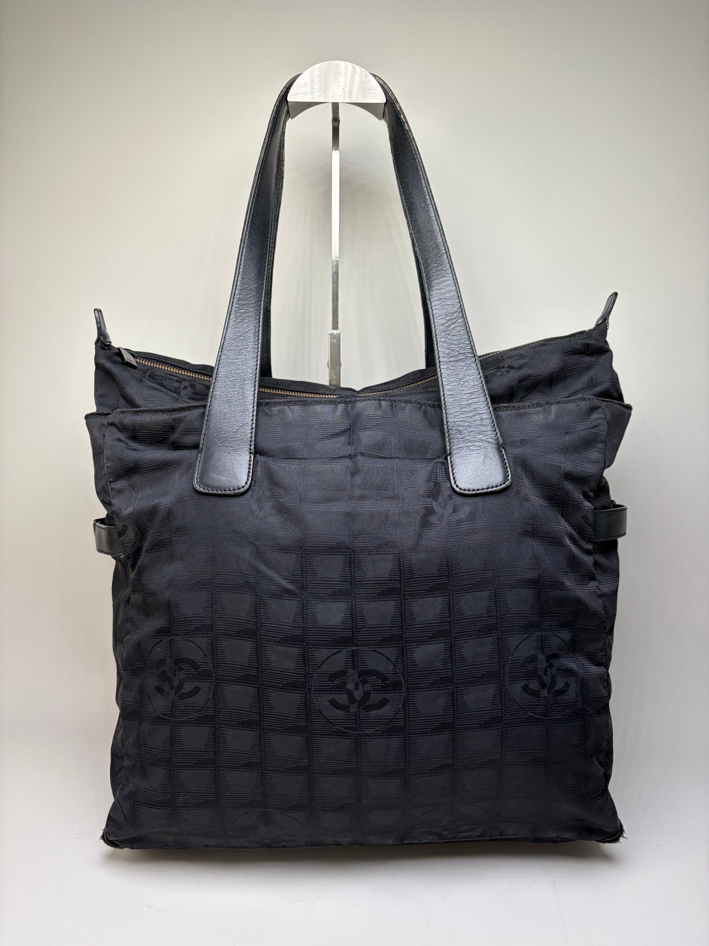 Vintage Chanel CC Logo Nylon Tote Black Silver