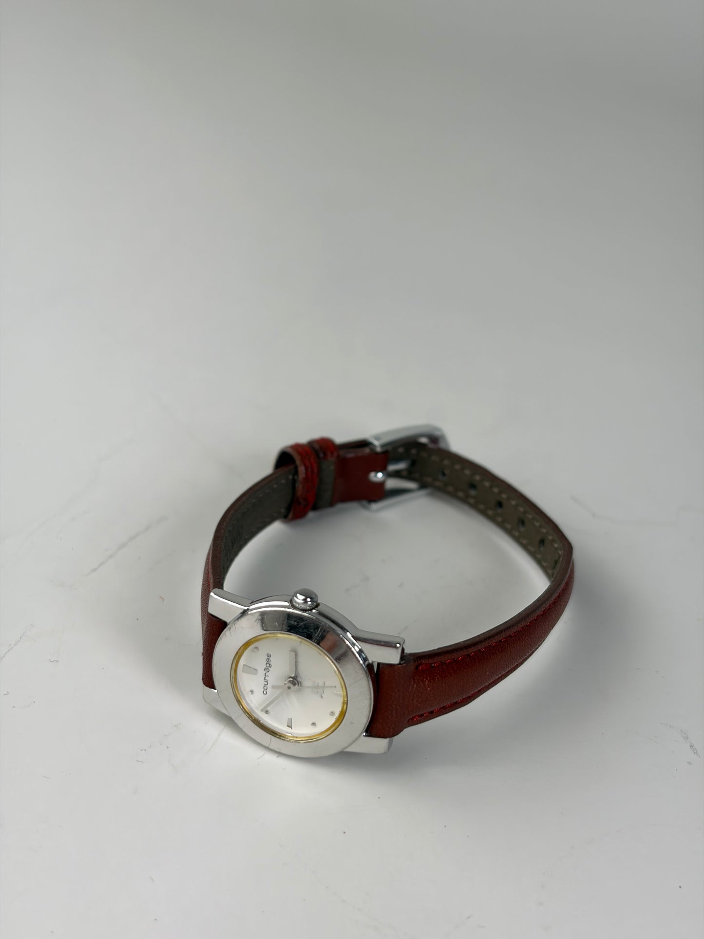 Vintage Courreges Leather Strap Watch Red Grey Silver