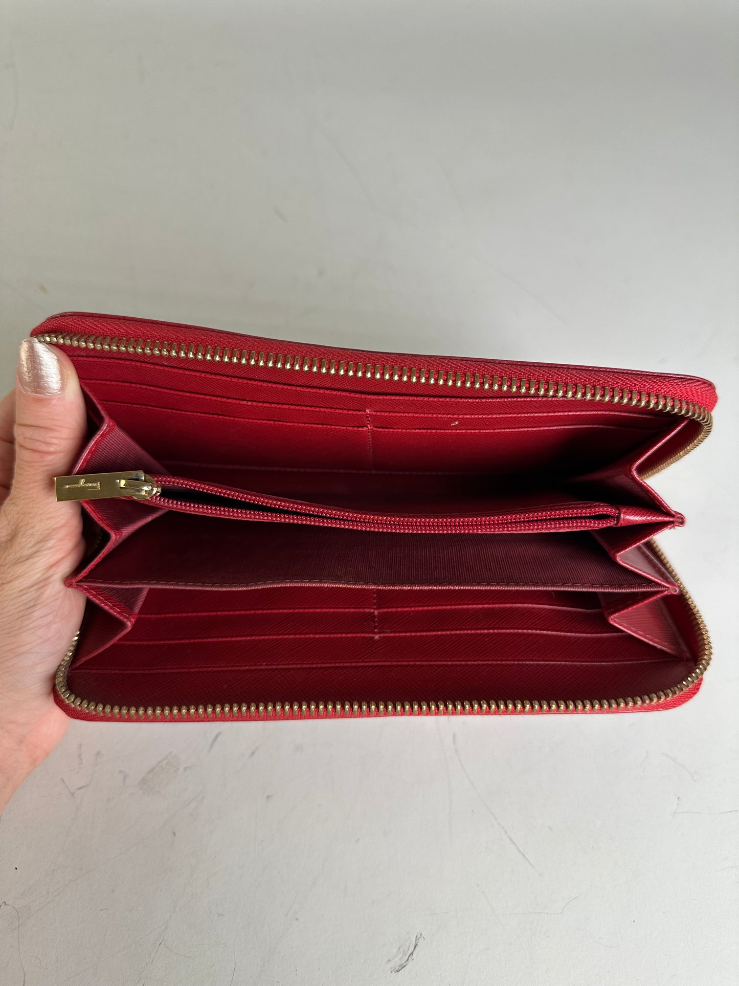 Vintage Ferragamo Leather Zip Wallet Red Silver
