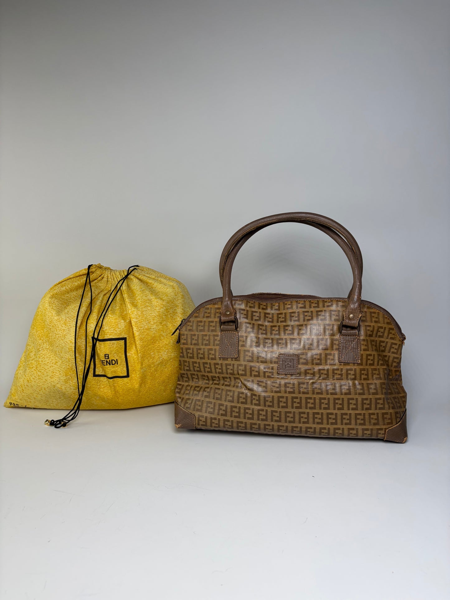 Vintage Fendi FF Monogram Canvas Handbag Brown Tan Gold