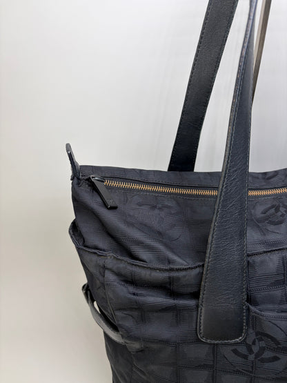 Vintage Chanel CC Logo Nylon Tote Black Silver