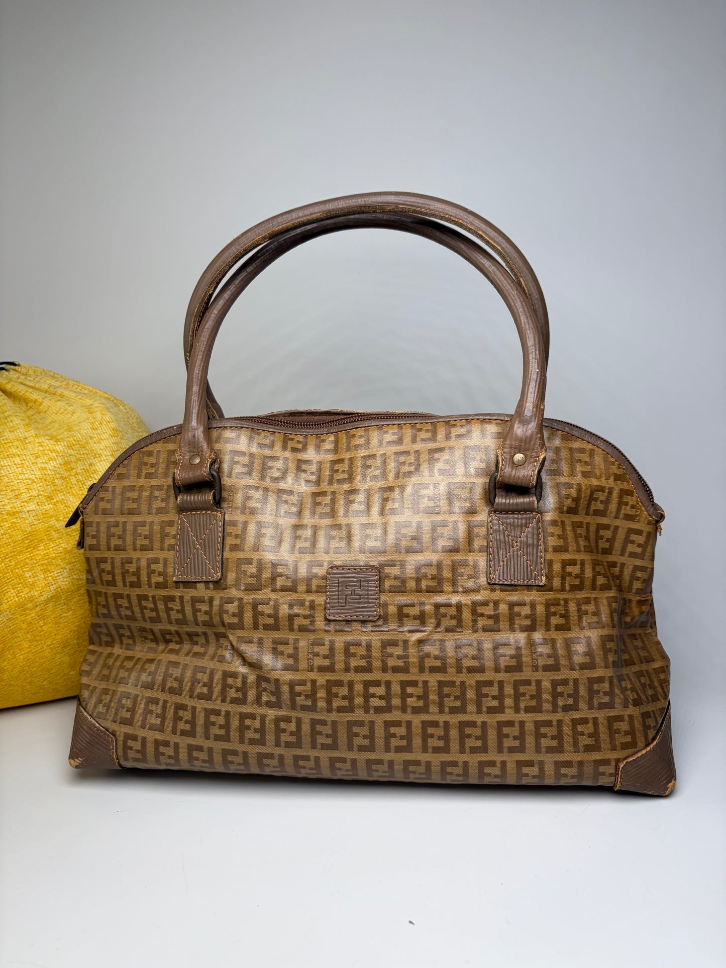 Vintage Fendi FF Monogram Canvas Handbag Brown Tan Gold