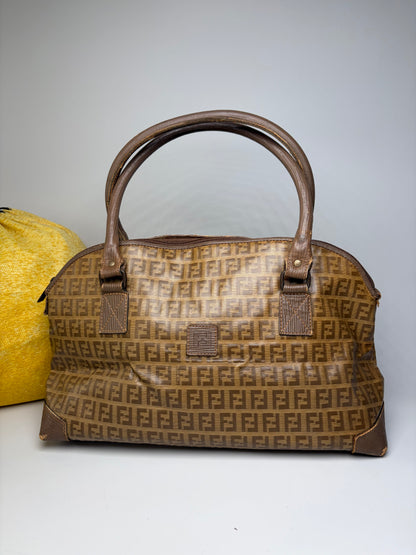 Vintage Fendi FF Monogram Canvas Handbag Brown Tan Gold