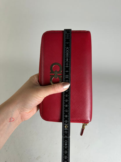 Vintage Ferragamo Leather Zip Wallet Red Silver