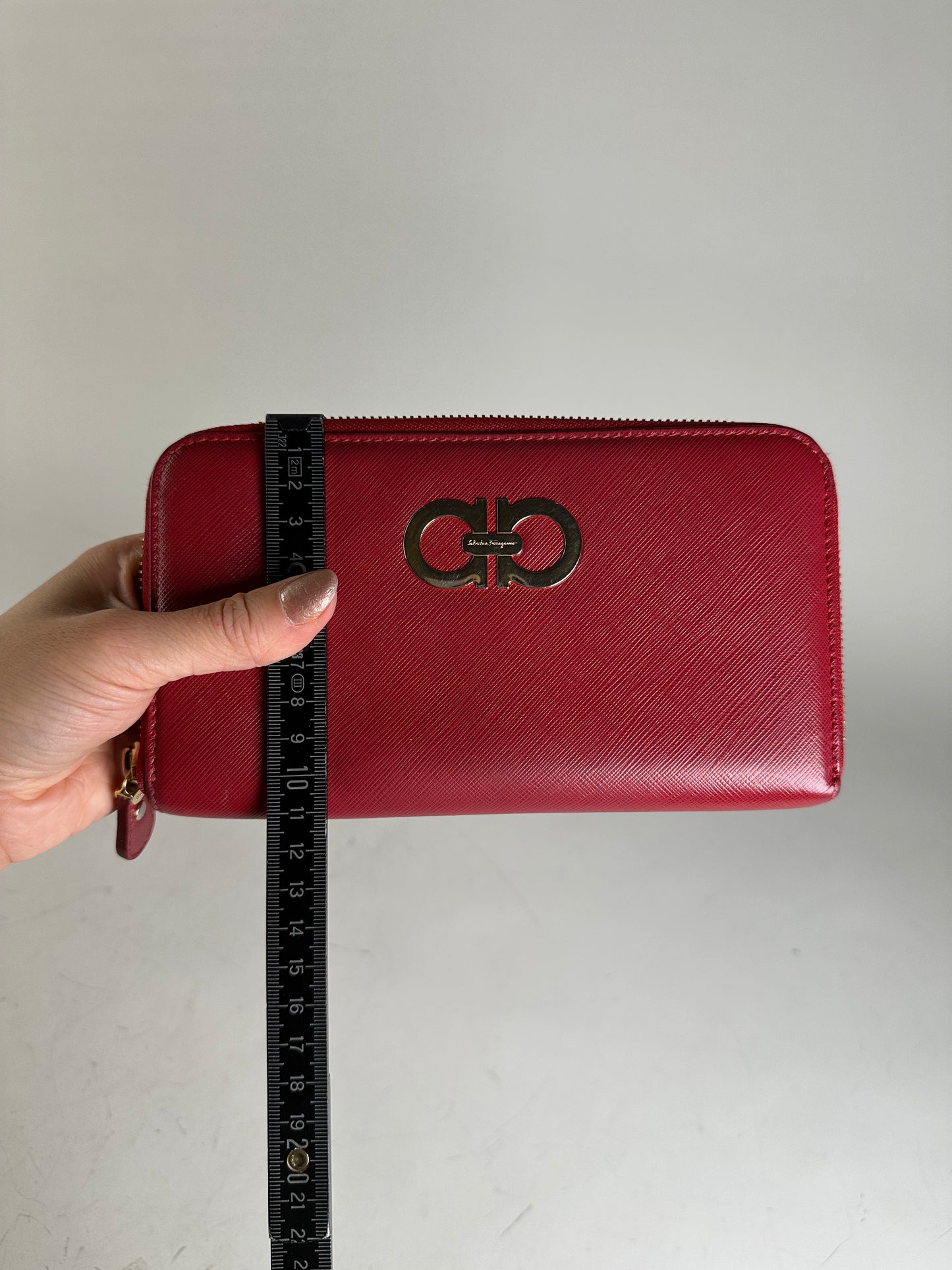 Vintage Ferragamo Leather Zip Wallet Red Silver