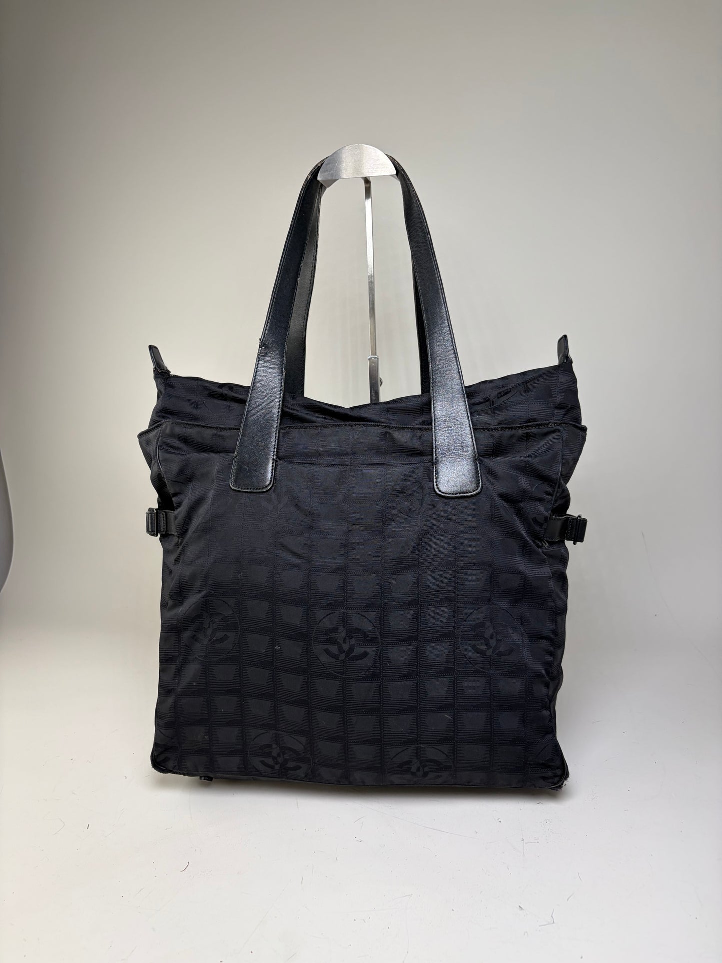 Vintage Chanel CC Logo Nylon Tote Black Silver