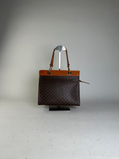 Vintage Celine Coated Canvas Handbag Brown Tan Gold