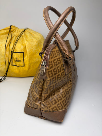 Vintage Fendi FF Monogram Canvas Handbag Brown Tan Gold