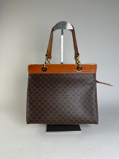 Vintage Celine Coated Canvas Handbag Brown Tan Gold