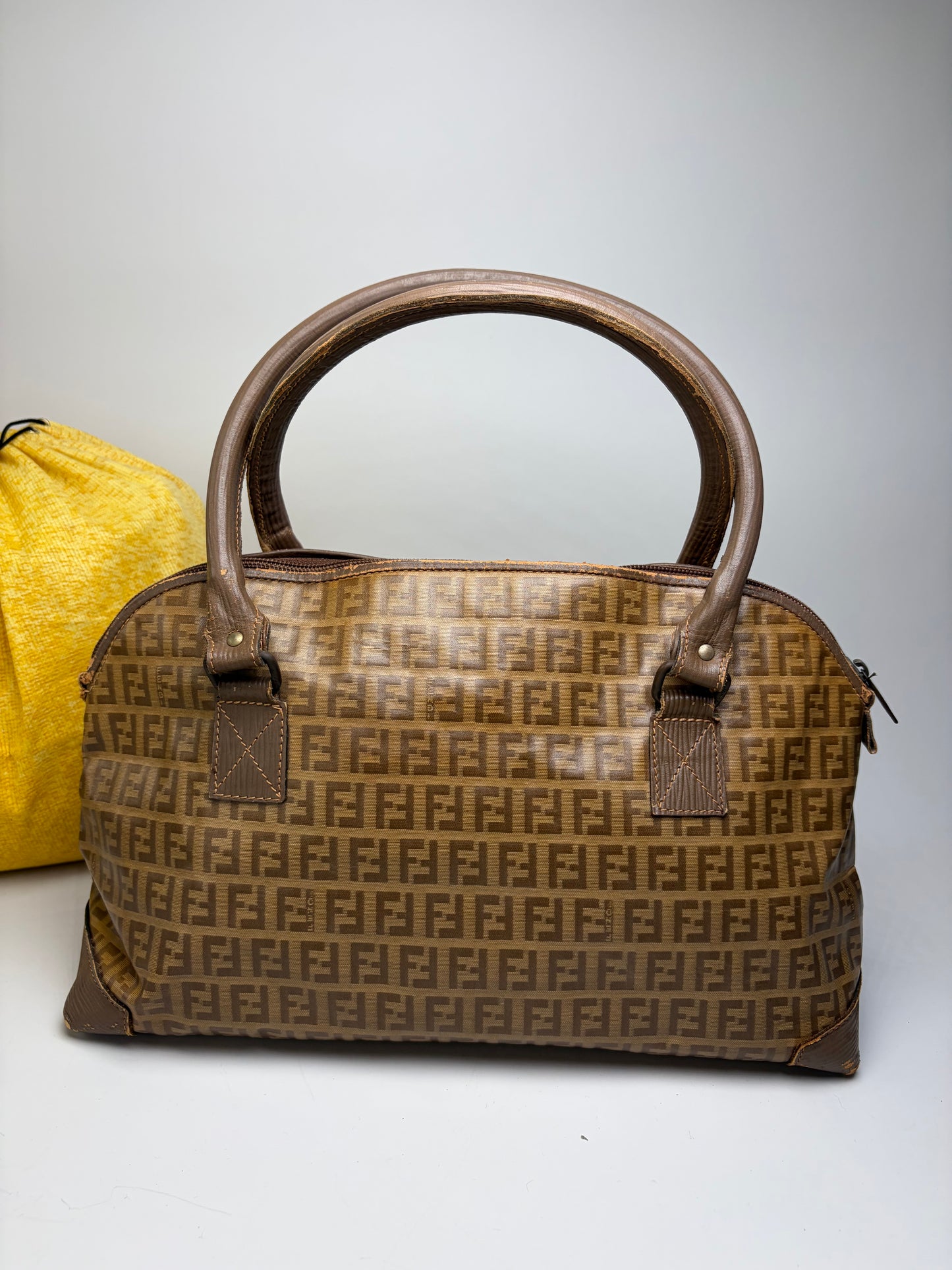Vintage Fendi FF Monogram Canvas Handbag Brown Tan Gold