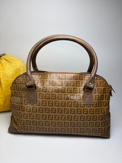 Vintage Fendi FF Monogram Canvas Handbag Brown Tan Gold