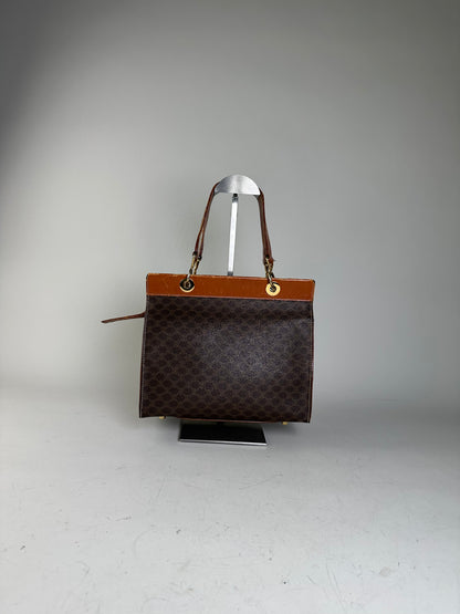 Vintage Celine Coated Canvas Handbag Brown Tan Gold