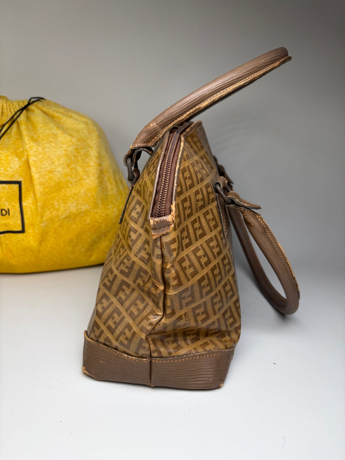 Vintage Fendi FF Monogram Canvas Handbag Brown Tan Gold