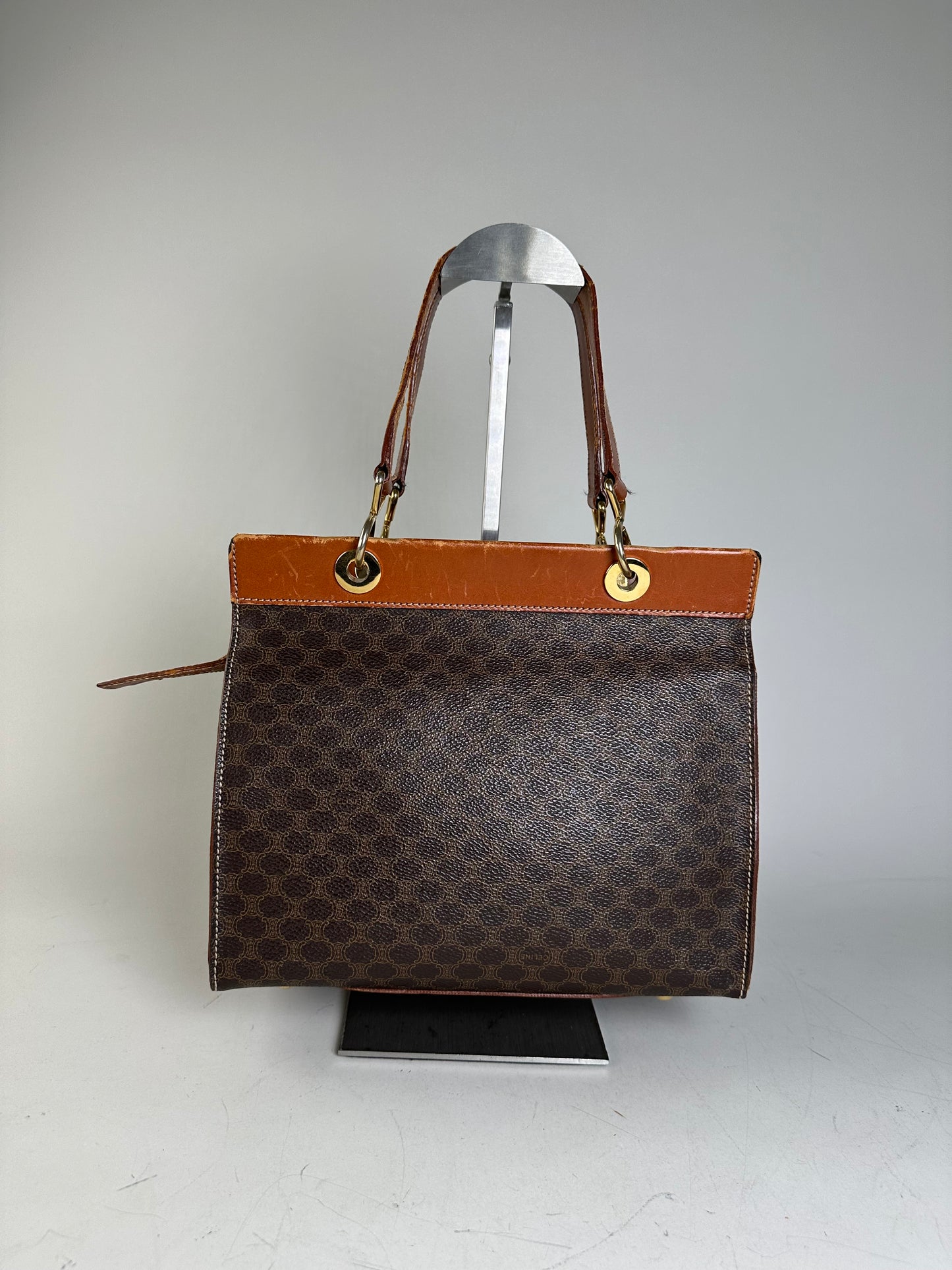 Vintage Celine Coated Canvas Handbag Brown Tan Gold