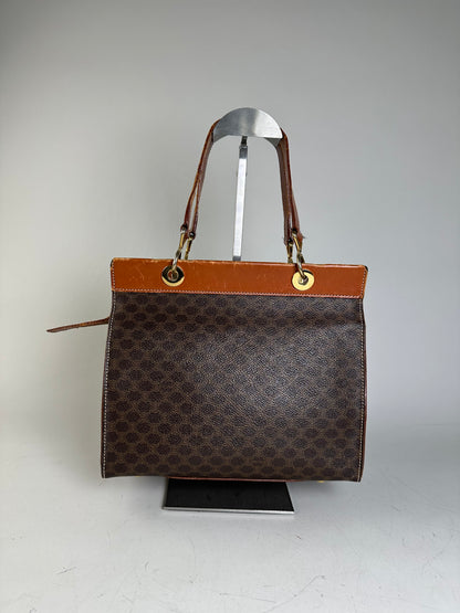 Vintage Celine Coated Canvas Handbag Brown Tan Gold
