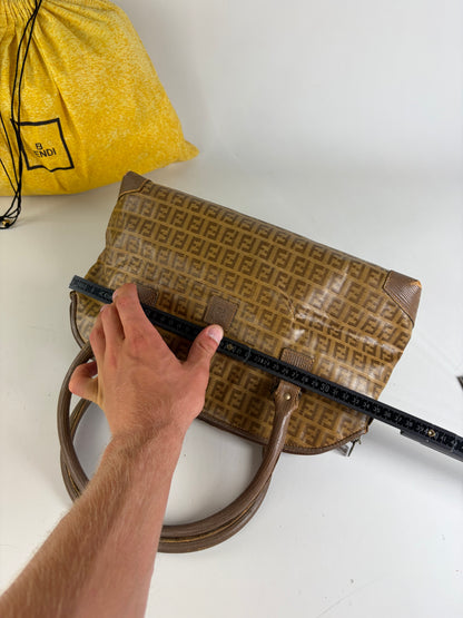 Vintage Fendi FF Monogram Canvas Handbag Brown Tan Gold
