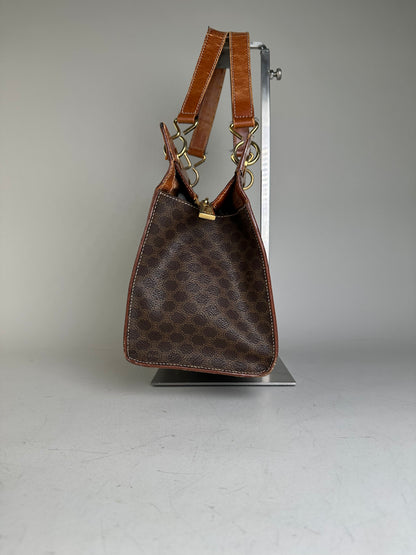 Vintage Celine Coated Canvas Handbag Brown Tan Gold