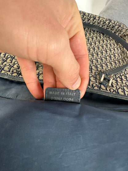 Vintage Dior Oblique Monogram Canvas Leather Tote Bag Beige Navy