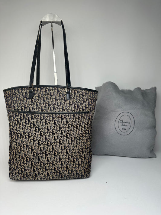 Vintage Dior Oblique Monogram Canvas Leather Tote Bag Beige Navy
