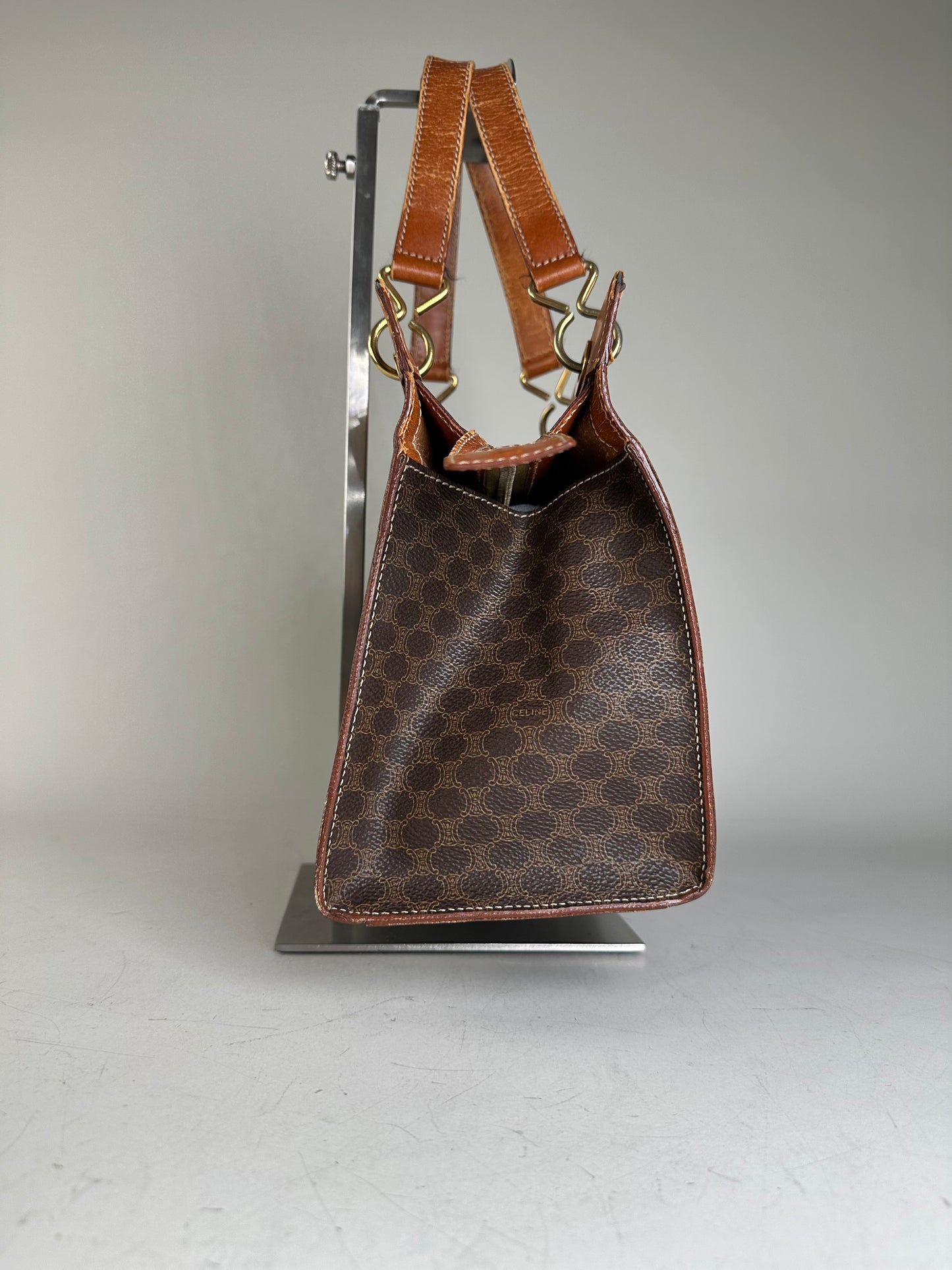 Vintage Celine Coated Canvas Handbag Brown Tan Gold