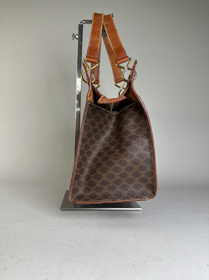Vintage Celine Coated Canvas Handbag Brown Tan Gold
