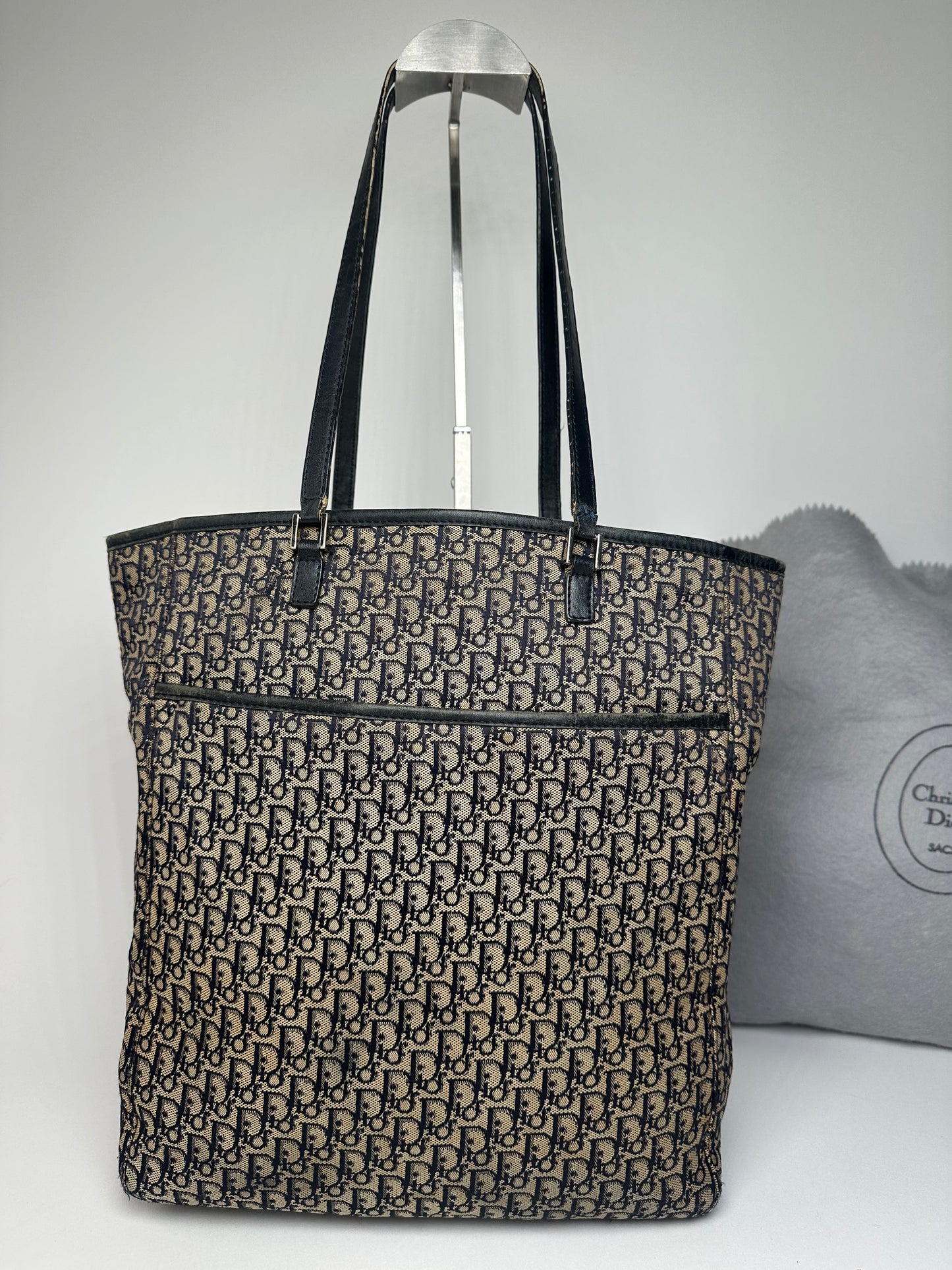 Vintage Dior Oblique Monogram Canvas Leather Tote Bag Beige Navy