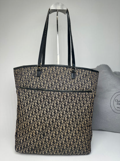 Vintage Dior Oblique Monogram Canvas Leather Tote Bag Beige Navy