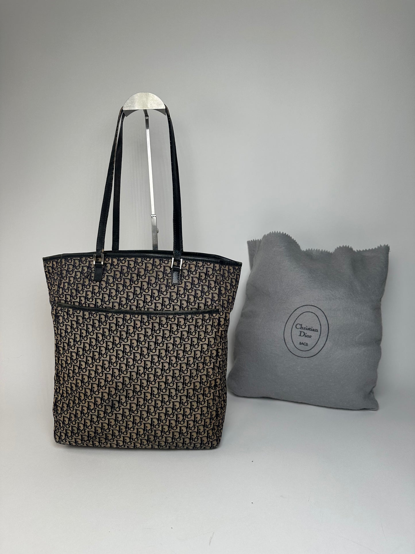 Vintage Dior Oblique Monogram Canvas Leather Tote Bag Beige Navy