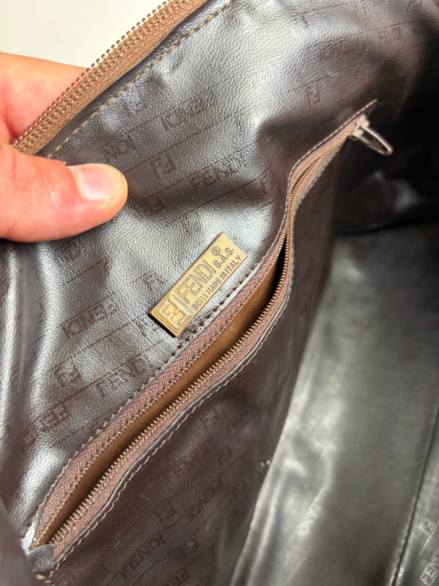 Vintage Fendi FF Monogram Canvas Handbag Brown Tan Gold