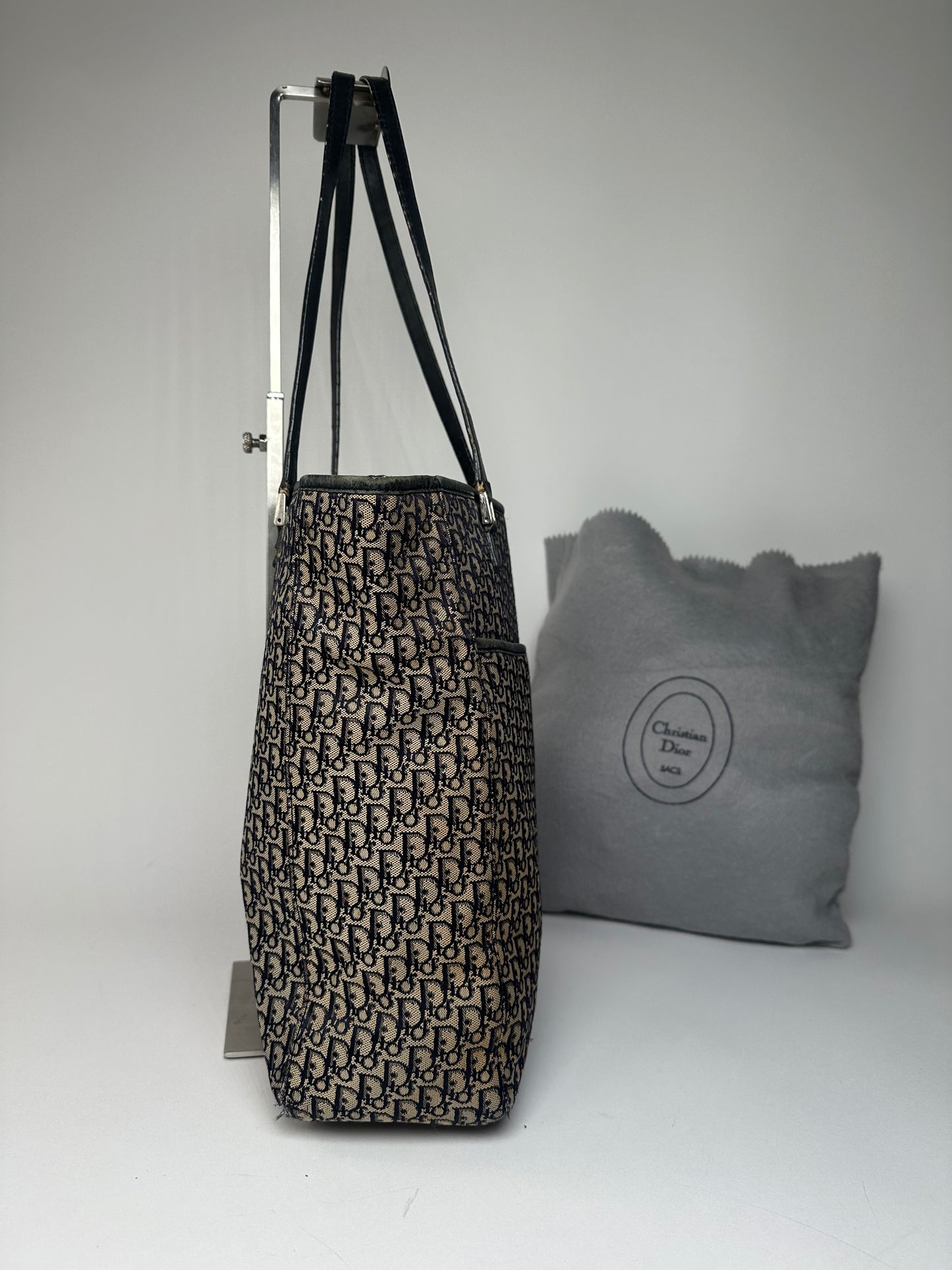 Vintage Dior Oblique Monogram Canvas Leather Tote Bag Beige Navy