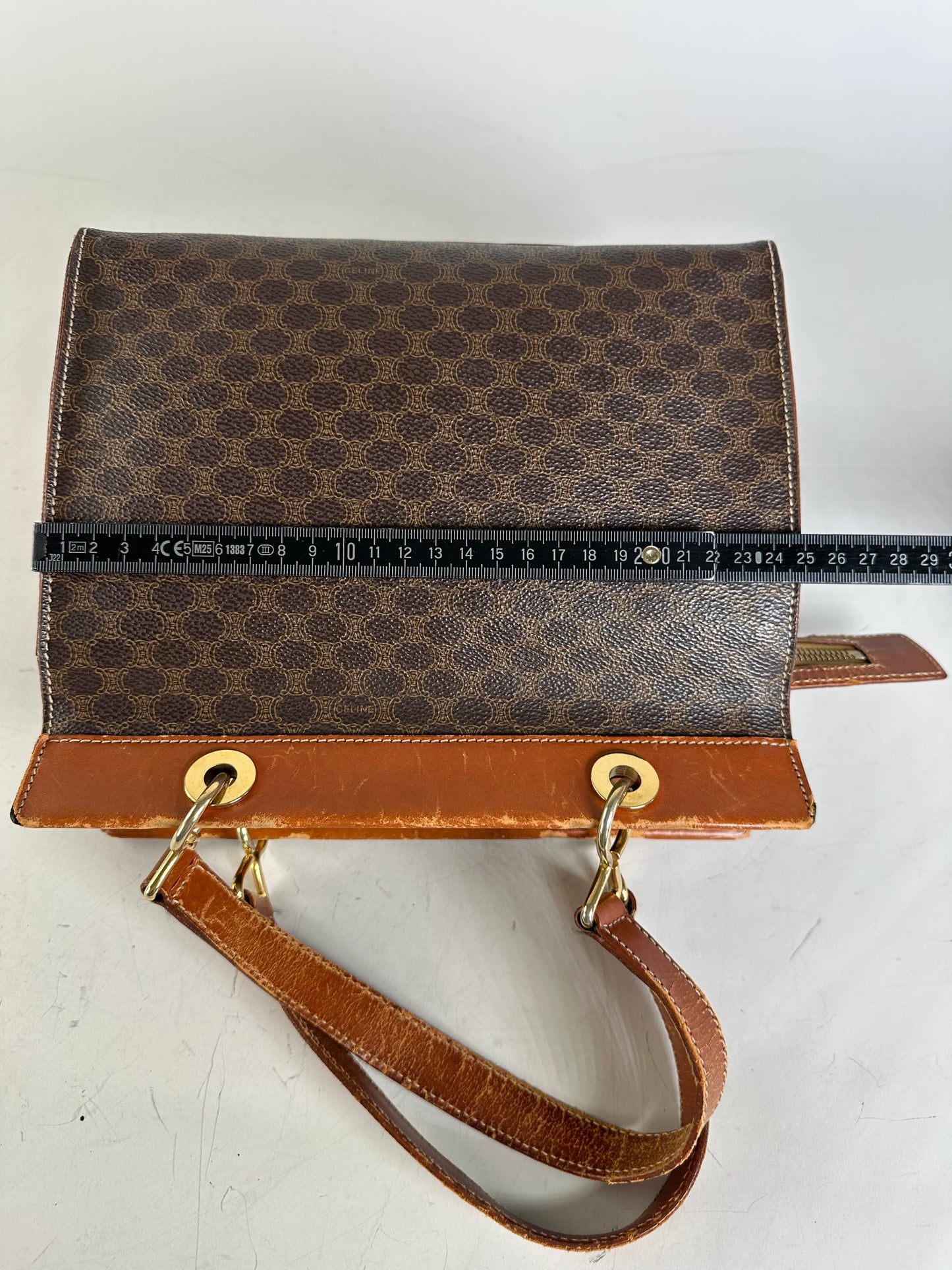 Vintage Celine Coated Canvas Handbag Brown Tan Gold