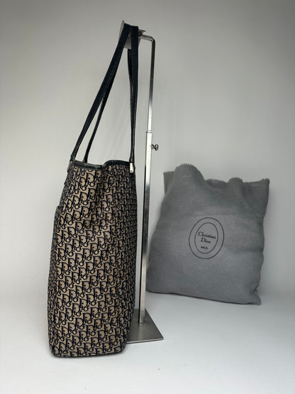 Vintage Dior Oblique Monogram Canvas Leather Tote Bag Beige Navy