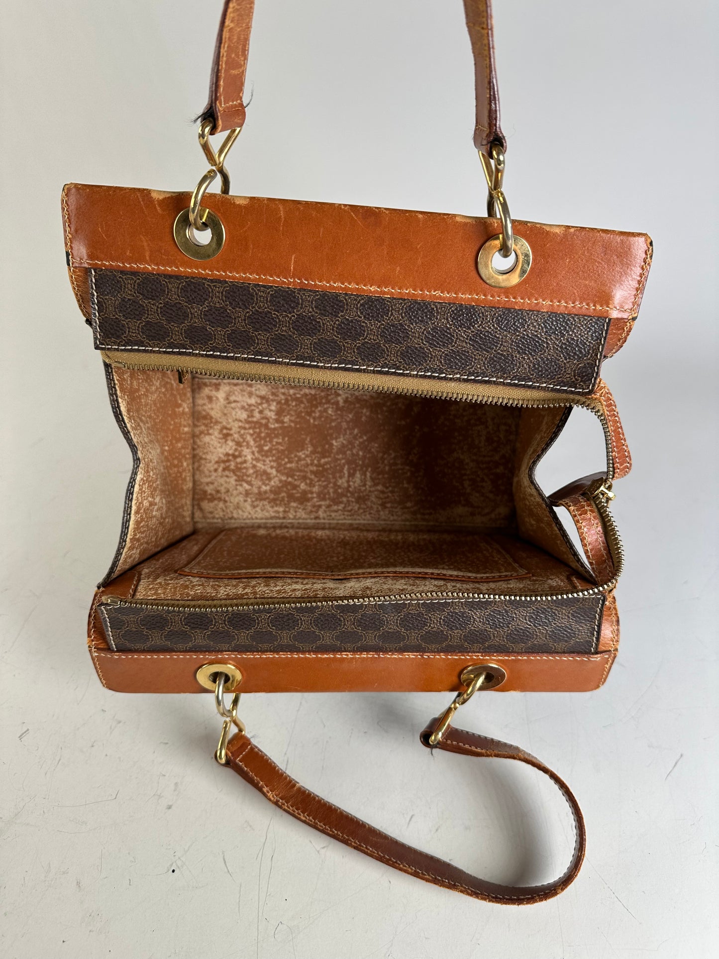 Vintage Celine Coated Canvas Handbag Brown Tan Gold