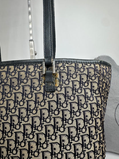 Vintage Dior Oblique Monogram Canvas Leather Tote Bag Beige Navy