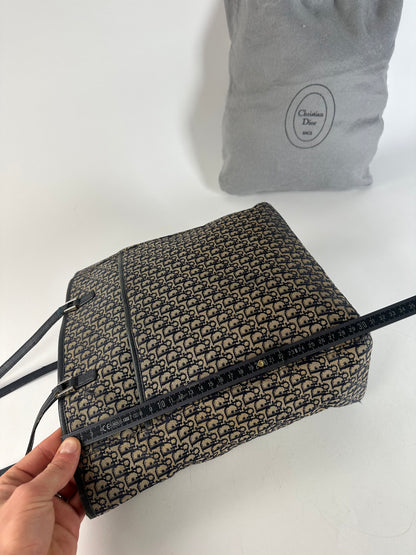 Vintage Dior Oblique Monogram Canvas Leather Tote Bag Beige Navy