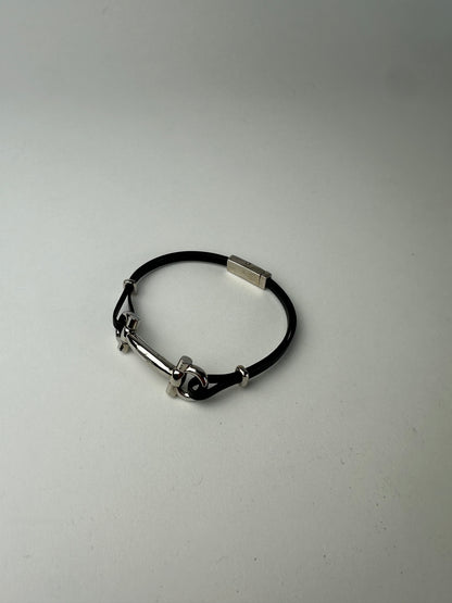 Vintage Salvatore Ferragamo Leather Steel Bracelet Black Silver
