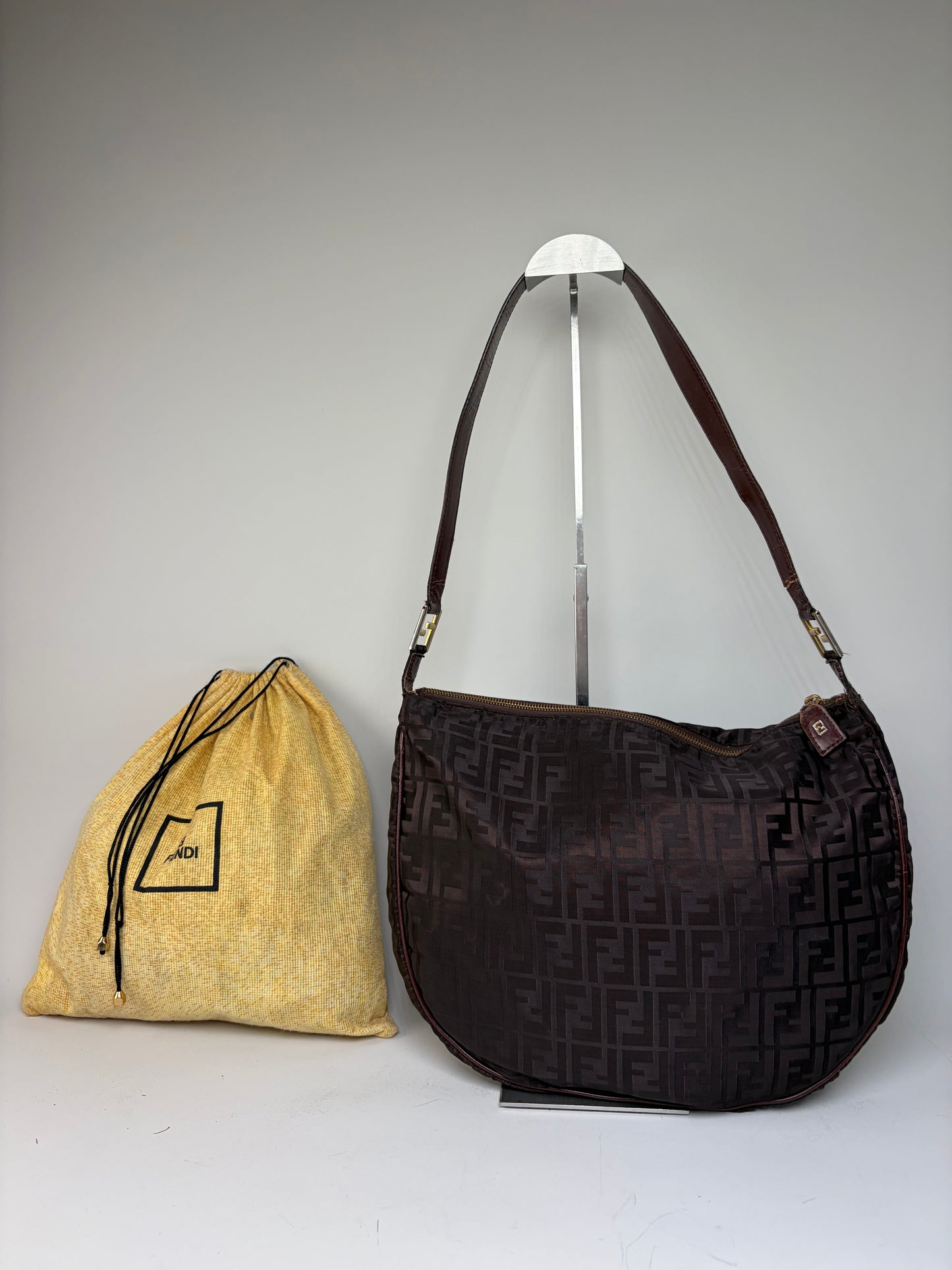 Vintage Fendi FF Monogram Shoulder Bag Dark Brown Gold